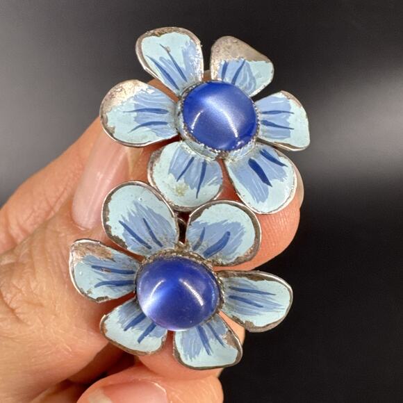 Vintage Blue Enamel Flower Sterling Silver Screw back Earrings - Picture 13 of 13